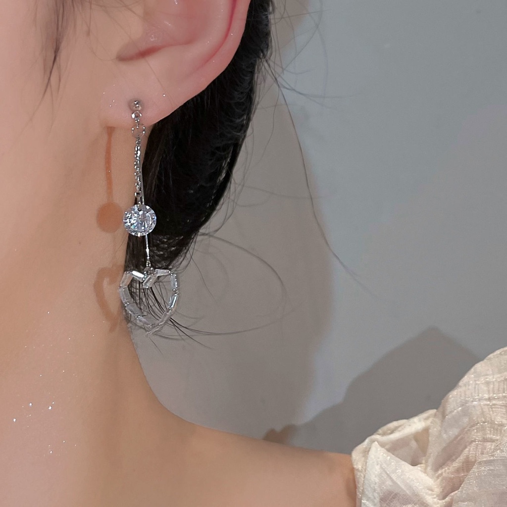 Anting Cinta Rumbai Kristal Bertatahkan Berlian Zirkon Mewah Ringan Gantung Panjang