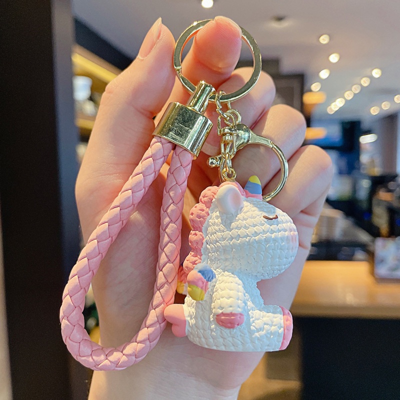 Hadiah Lucu 3D Pola Rajut Kartun Unicorn Magic Kepang Hewan PU Tali Kulit Gantungan Kunci Mobil Rumah Gantungan Kunci Tas Telepon Case Bluetooth Earphone Cover DIY Liontin