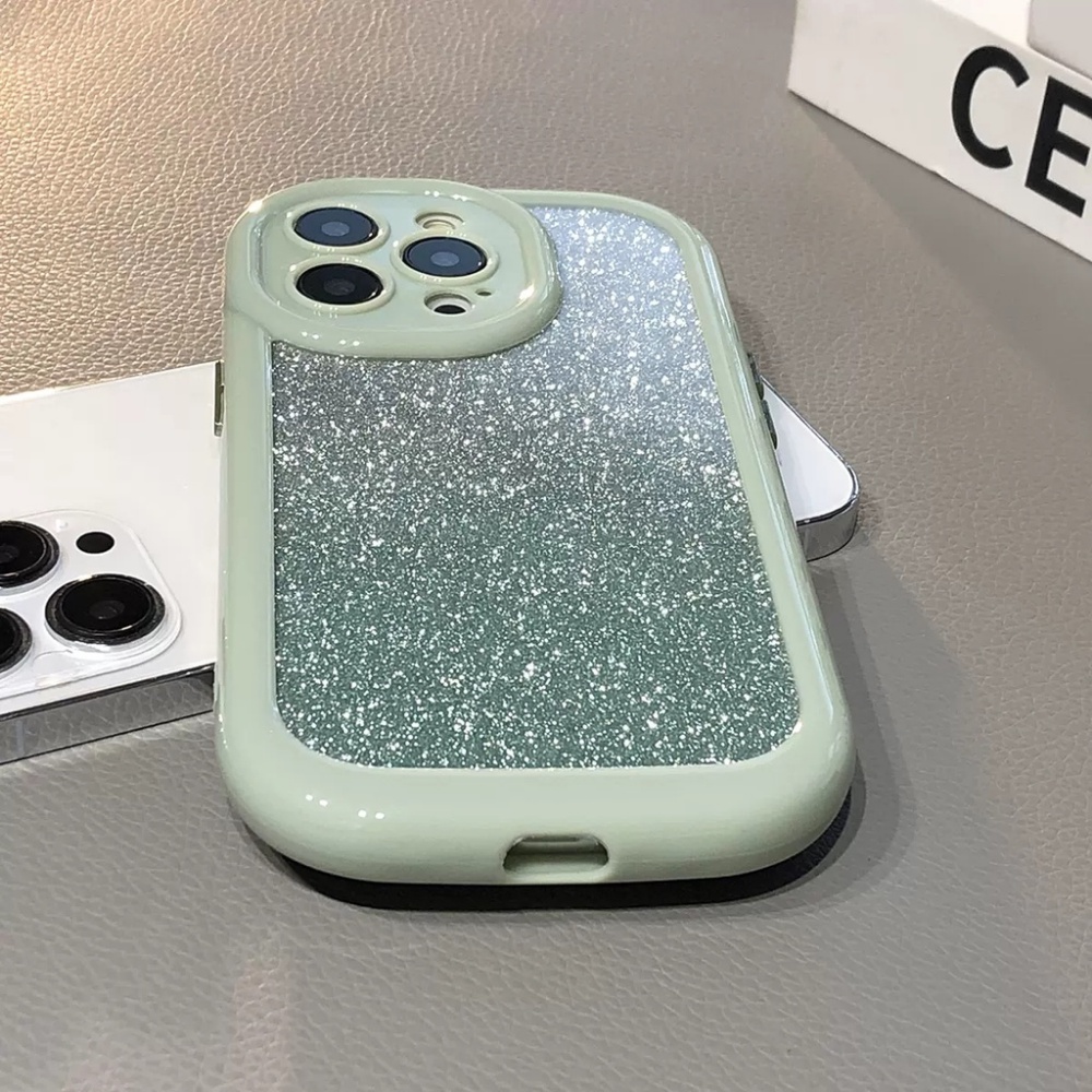 Casing Ponsel Bingkai Oval Glitter Hijau Mint Lucu Untuk iPhone 14 Pro 13 12 11 Pro Max Warna Permen Shockproof Bumper Penutup Belakang