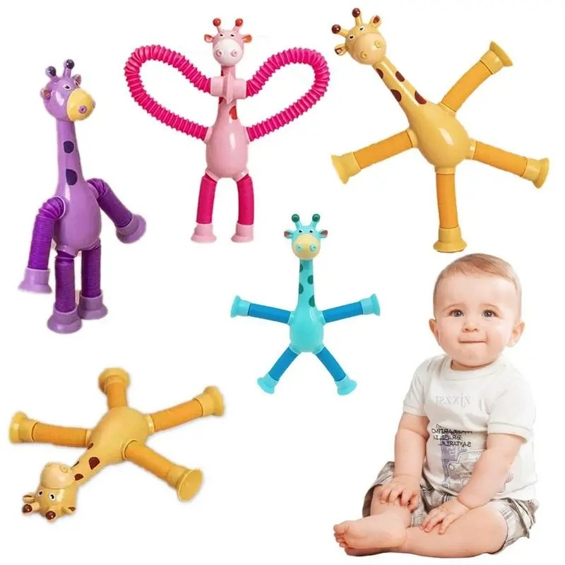 Novelty Decompression Toy/Mainan Puzzle Jerapah Tabung Melar/Kartun Suction Cup Telescopic Giraffe Shape Bermain Anak