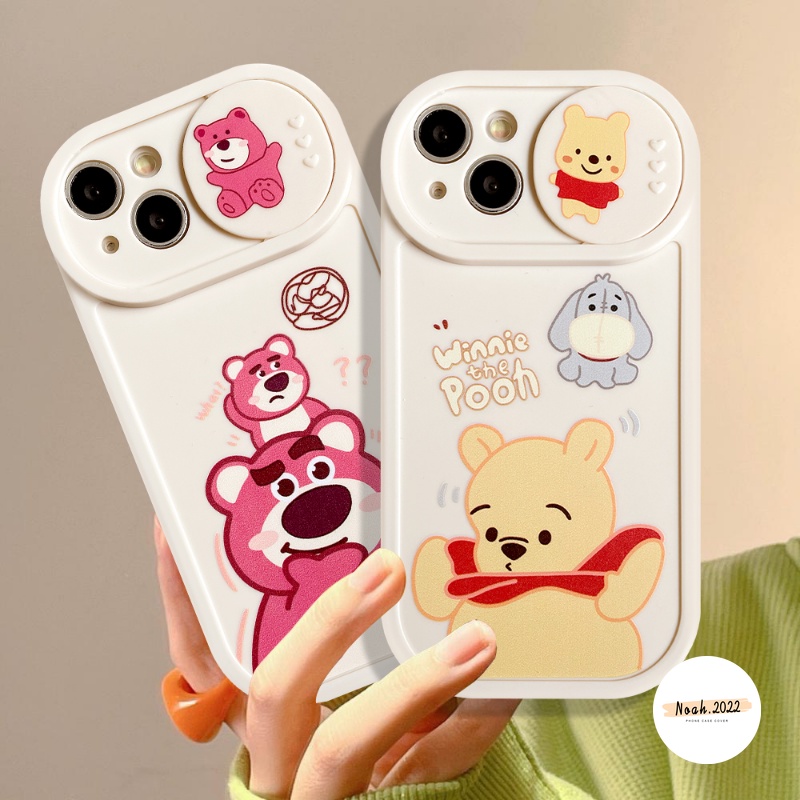 Case Pasangan Disney Kompatibel Untuk IPhone 7Plus 8Plus XR 11 12 13 Pro MAX X XS MAX Kartun Strawberry Bear Manyo Lucu Winnie the Pooh Tarik Jendela Kamera Perlindungan Soft Cover