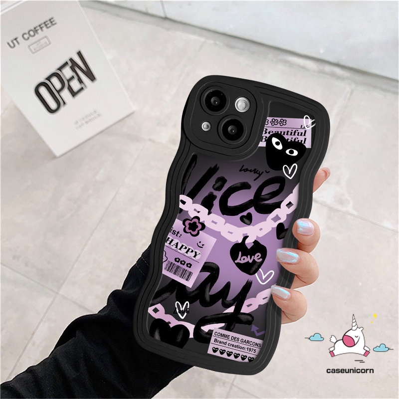 IPHONE Casing Ponsel Bermain Cinta Hati Graffiti Trendi Kompatibel Untuk Iphone 11 14 12 13 Pro Max 8 6 14 6s 7plus XR X XS Max SE 2020 Fashion Berlian Grid Bunga Tepi Bergelombang Soft Cover