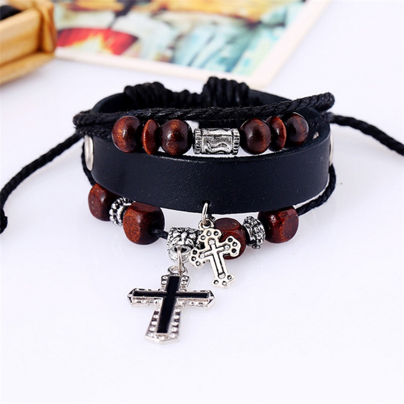 Multi Layer Gelang Kulit Set Untuk Pria Liontin Salib Manik-Manik Tali Dikepang Adjustable Gelang Perhiasan Aksesoris