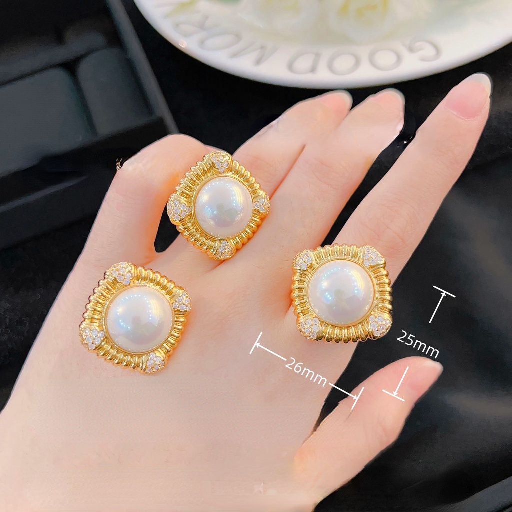 Goldkingdom Aksesoris Perhiasan Fashion Ready Stock Cincin Mutiara Alami French Vintage Hias Aurora Marbel Pearl Earring Set