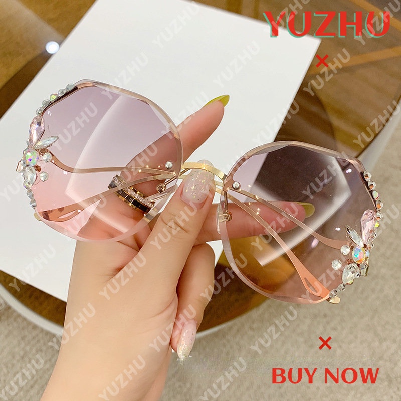 (YUZHU) Kacamata Hitam Tanpa Bingkai Logam Fashion Korea Untuk Wanita Oversized Frame Diamond Gradient Sunglasses