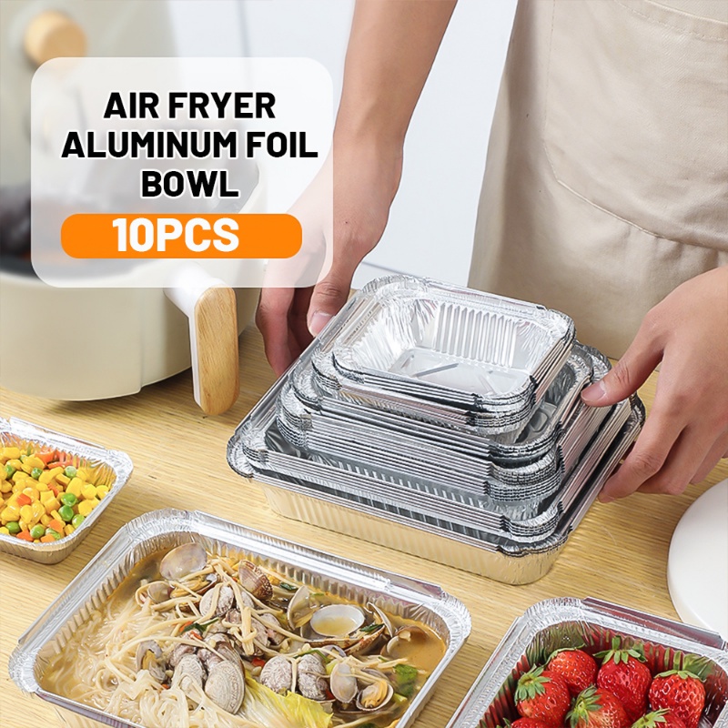 10pcs Nampan Foil Kaleng Aluminium Foil Sekali Pakai/Wadah Kukus BBQ Tahan Suhu Tinggi Persegi Panjang Tahan Minyak