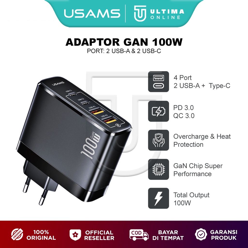 USAMS T44 Adaptor Kepala Charger Fast Charging GaN 100W 4 Port 2A+2C