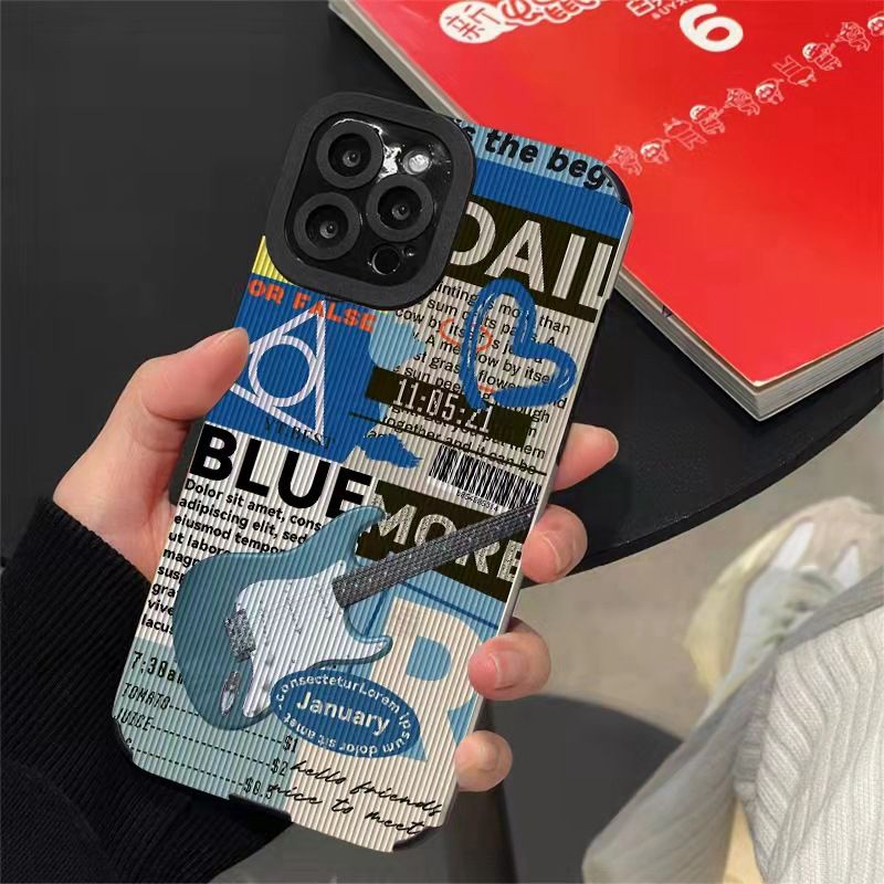 Lamb Skin Fashion Blue Blue Guitar Soft Case IPhone 6S 7 Plus 8 Plus X XS XR XS Max 11 13 12 14 PRO Max 14 Plus 12 13 mINI SE Phone Case Black for Women GIRL