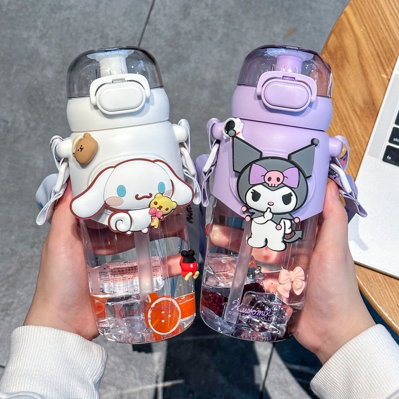 Mug 600Ml Sanrio Thermos Cangkir Air Cangkir Termos Mug Lucu Kartun Cinnamoroll Kuromi Melody Botol Air Plastik Portabel Tahan Lama untuk Hadiah Anak-anak