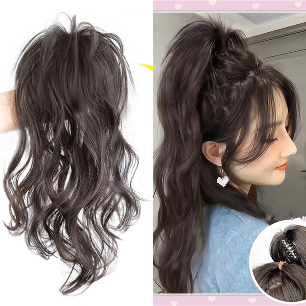 Wig Ponytail Rambut Panjang Bergelombang Gaya Princess Untuk Perempuan Setengah Diikat Ikal Air Terjun Alami Dan Ringan 30CM