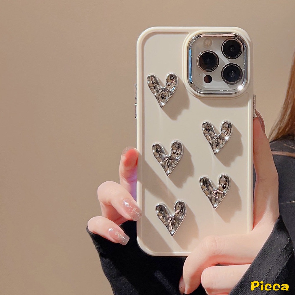 Macaron Permen Warna 3D Cinta Hati Plating Square Case Kompatibel Untuk iPhone 7Plus 13 11 XR 14 12 Pro MAX X 8Plus XS MAX Mewah Fashion Simple Warna Solid Soft Phone Cover