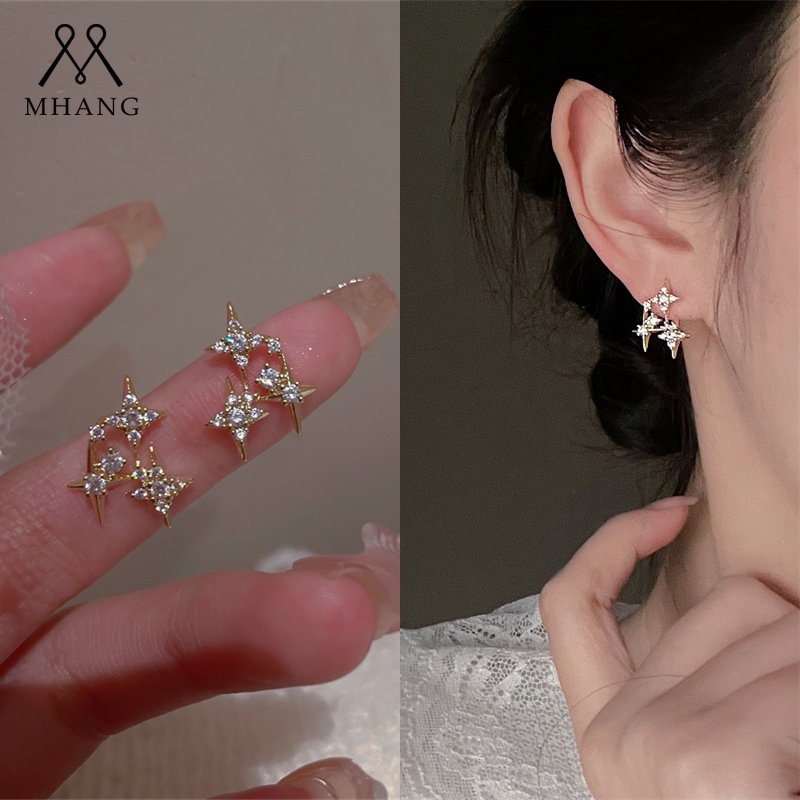 Anting Bintang Zirconia Lapis Emas Korea S925 Perak Pin Gold Star Earrings2023Anting Baru Untuk Wanita