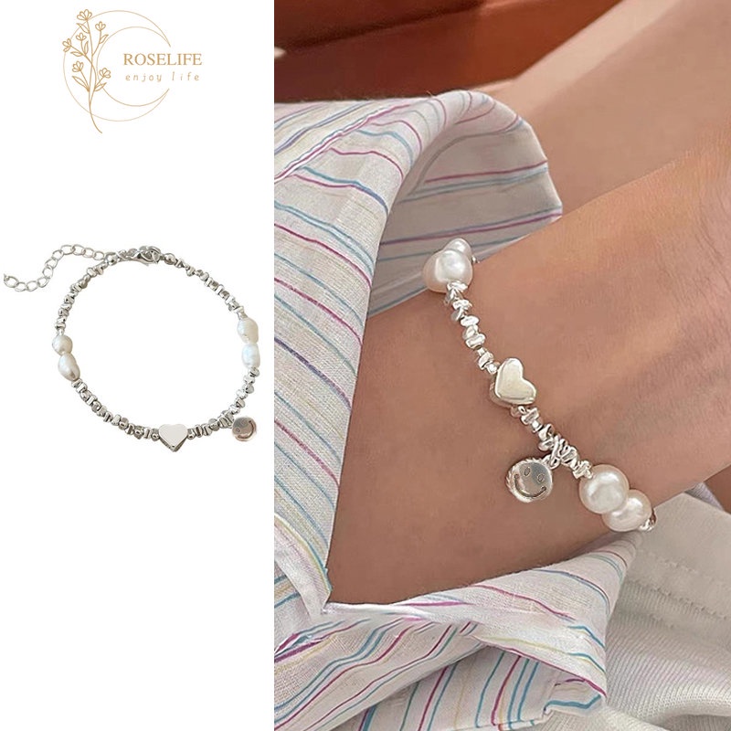 Roselife S925 Perak Payet Mutiara Manik-Manik Hati Smiley Face Heart Charm Gelang Untuk Wanita Perempuan Elegan Wajah Bahagia Beruntung Gelang Fashion Rantai Pergelangan Tangan Perhiasan Aksesoris