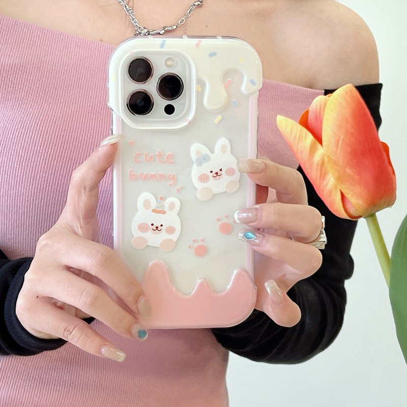 【3D Ice Cream】Summer 3D Soft Case IPhone XR XS Max 11 12 13 14 Pro Max 14 Plus for Women Girl Gift Cartoon Lovely Pin Rabbit Bunny