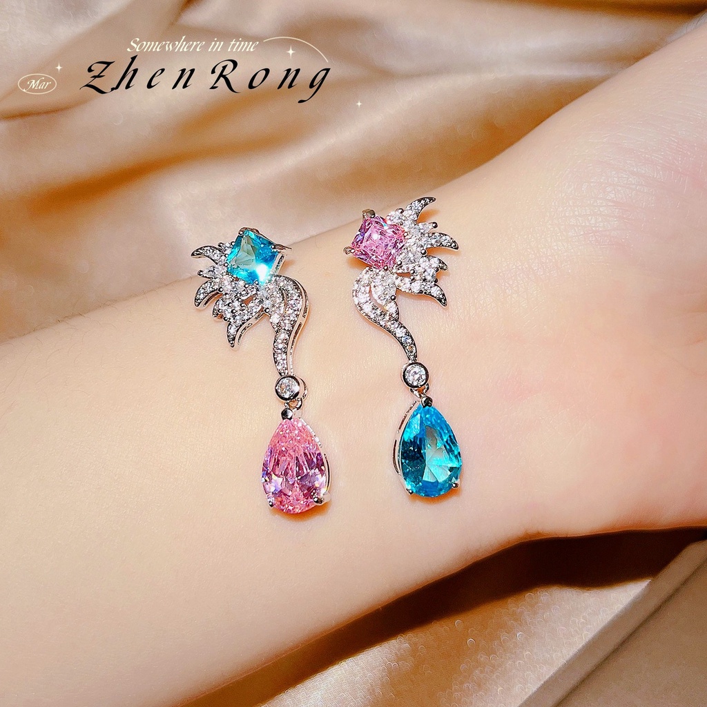 Goldkingdom Aksesoris Perhiasan Fashion Ready Stock Mewah Dan Terang Berbentuk Jatuh Berlian Aquamarine Panjang Sterling Silver Earrings