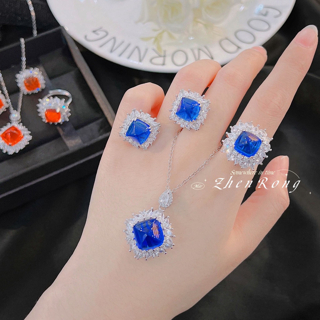 Goldkingdom Aksesoris Perhiasan Fashion Ready Stock Zamrud Cincin Cahaya Mewah Retro Warna-Warni Set Anting Liontin Kalung