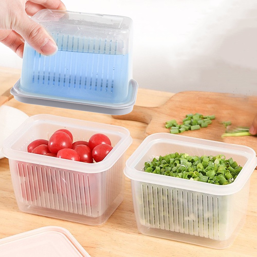 Double-layer Fresh-keeping Drain Basket Sealed Storage Box Dengan Tutup Kulkas Buah Sayur Jahe Bawang Putih Tiris Saringan Wadah Case Dapur Saringan Alat