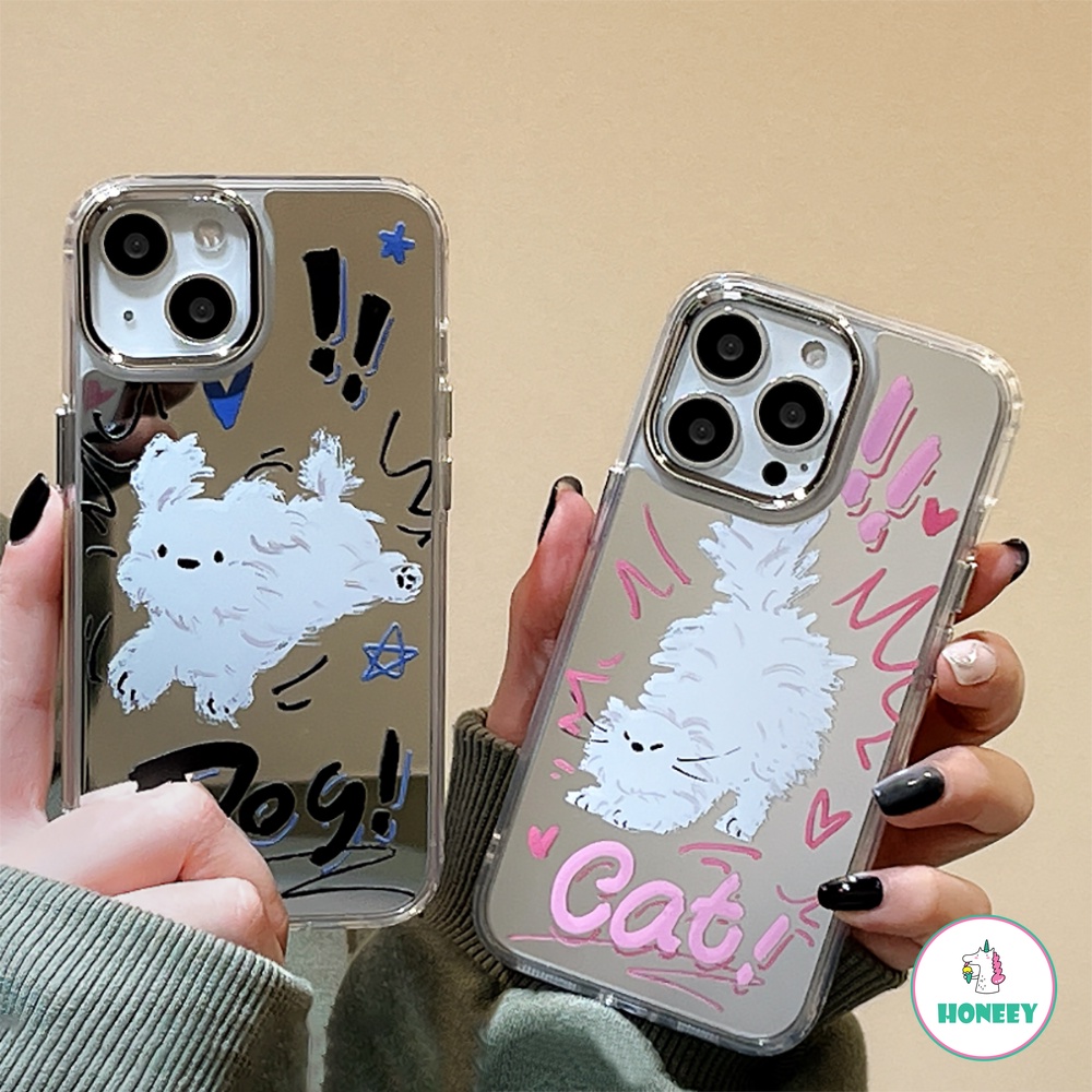 Case Cermin Makeup Kucing Dan Anjing Lucu Untuk Iphone11 Case iPhone 14 Pro Max13 12 Pro Max Graffiti Warna-Warni Lembut TPU Phone Cover