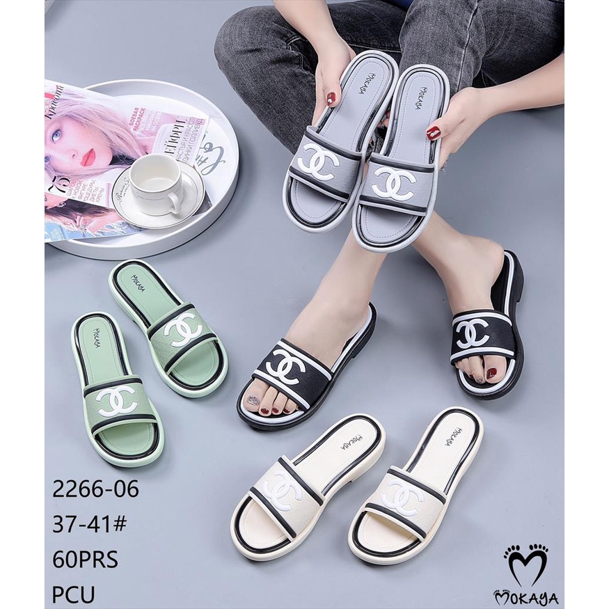 Sandal Slop Jelly Wanita Motif Ban CC List Garis Warna Sol Empuk Cantik Trendy Import Mokaya / Size 37-41 (2266-06)