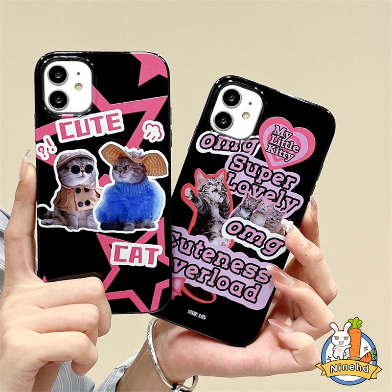 IPHONE Casing Kompatibel Untuk Iphone14 13 12 11 Pro Max X Xr Xs Max8 7 6 6s Plus SE 2020 Ins Label Keren Kucing Lucu Casing Ponsel Hitam Full Cover Shockproof Halus Glossy Lembut TPU Penutup Belakang