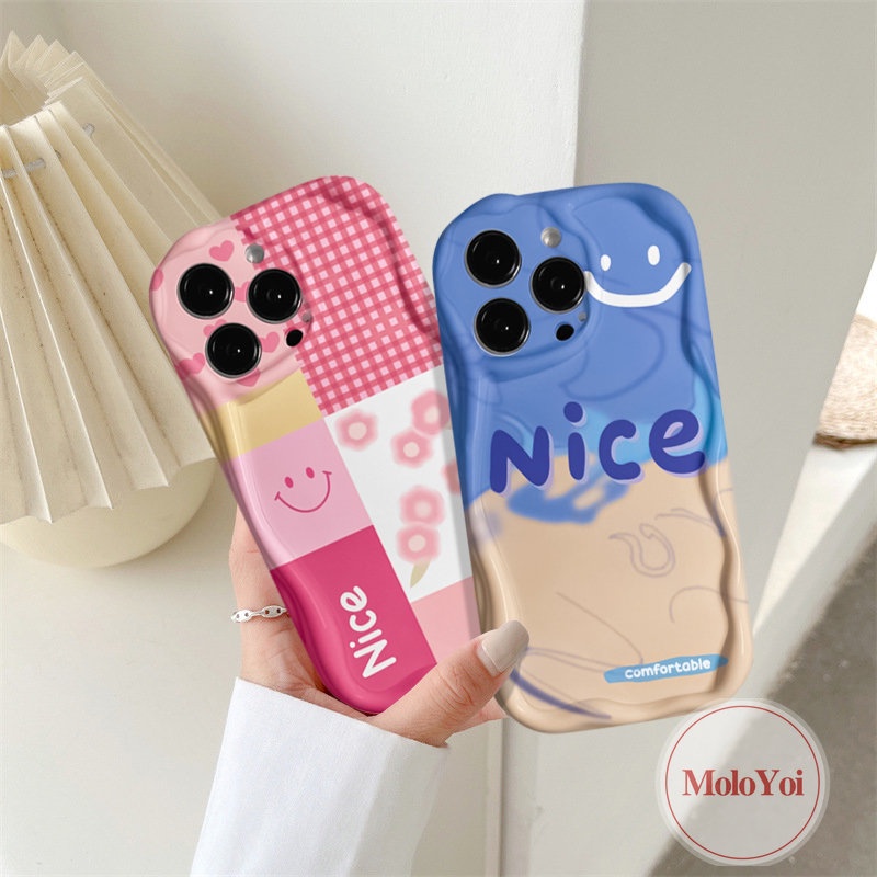 IPHONE Casing Belakang Tepi Melengkung Bergelombang 3D Kompatibel Untuk Iphone11 13 12 14 Pro Max XR X XS Max 86s 7 6 Plus SE 2020 Simple Letter Smile Motif Kotak-Kotak Bunga Pink Soft Tpu Cover