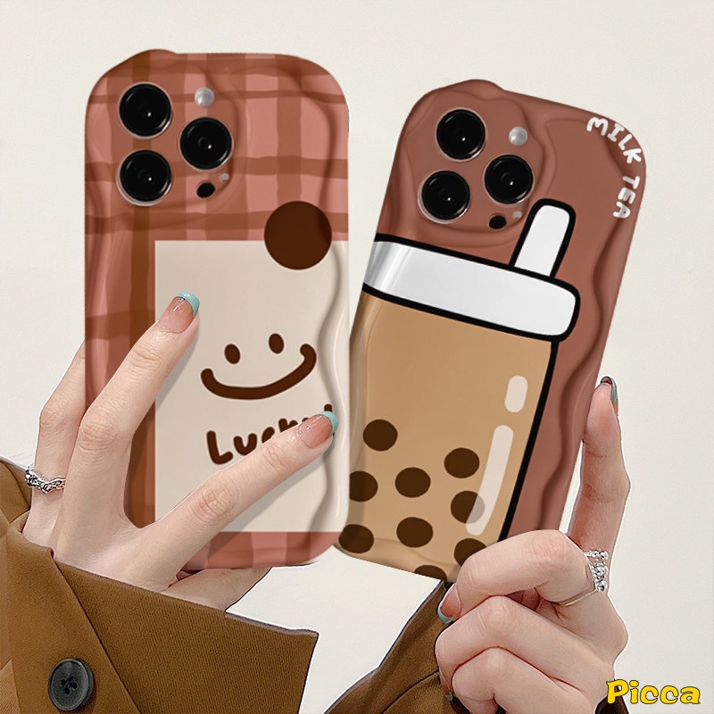 Couple Kartun Teh Susu Lucky Lattice Smiley Case Untuk Redmi Note12 10 11 8 9 11s 10s 10Pro 10 Pro Max Plus Redmi A1 9 9C NFC 10 9A A2 9T 10A 10C POCO M3 3D Tepi Lengkung Bergelombang Sarung