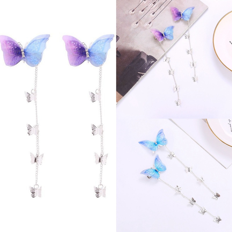 Benang Korea Elegan Kupu-Kupu Jepit Rambut Logam Rumbai Panjang Hairgrips Net Merah Aksesoris Rambut Pesta Combo Hair Clip