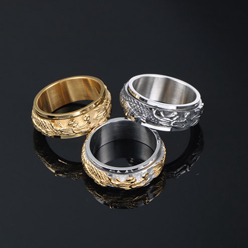 Cincin Jari Pria Naga Cina Tidak Luntur Berlapis Emas Titanium Steel Rotatable Rings Untuk Pria Aksesoris Perhiasan Pesta