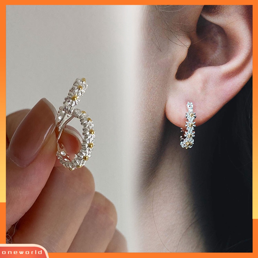 [ONE] 1pasang Anting Lingkaran Berkilau Geometris Bulat Lingkaran Bunga Temperamen Wanita Bulat Telinga Huggie Earrings Perhiasan Aksesori