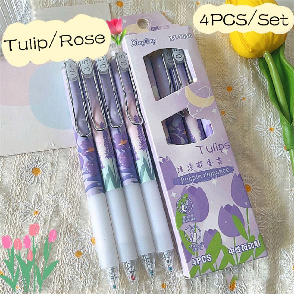 SUYO 4pcs /Set Gel Pens Rose Kartun Dengan Klip Alat Tulisan Tinta Hitam Press Type Signature Pen