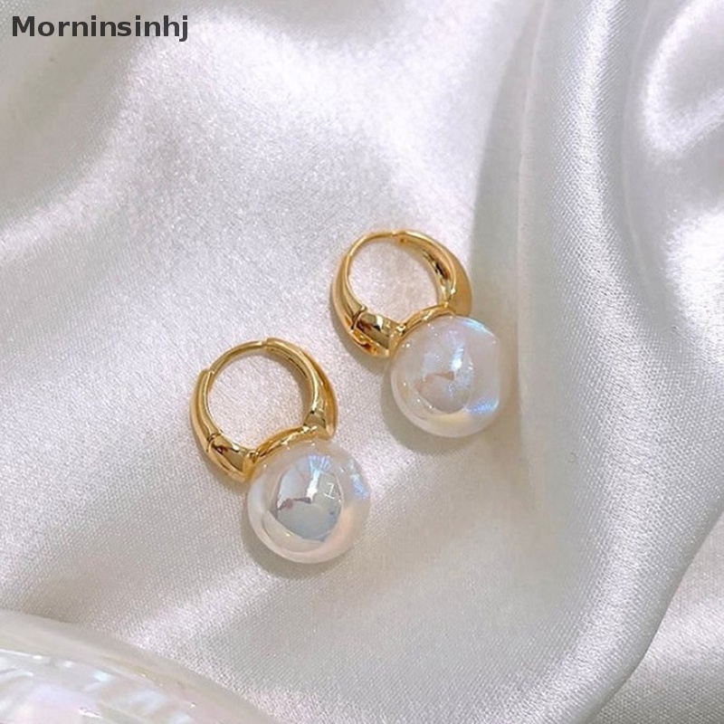 Mornin Anting Hoop Warna Emas Untuk Wanita Tebal Bulat Hoops Mutiara Beads Ear Rings Korea id