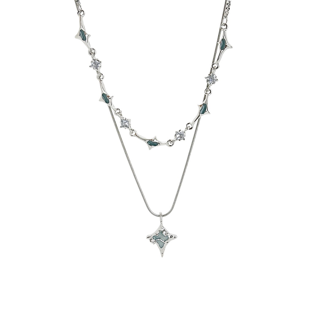 Blue Starmount Double Layer Necklace Aksesoris Gaya Hip Hop Kepribadian Rantai Klavikula