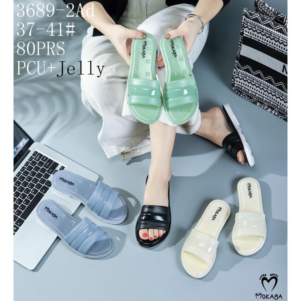 Sandal Slop Flat Teplek Wanita PCU Lapis Jelly Ban Motif Lekuk 3 Polos Simple Elegant Import MKY JS-3689-2Ad 37-41