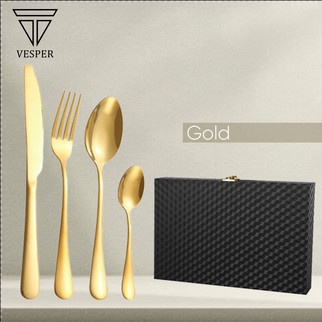 

paket hampers dinner table set black cube box 16pcs alat makan sendok - gold