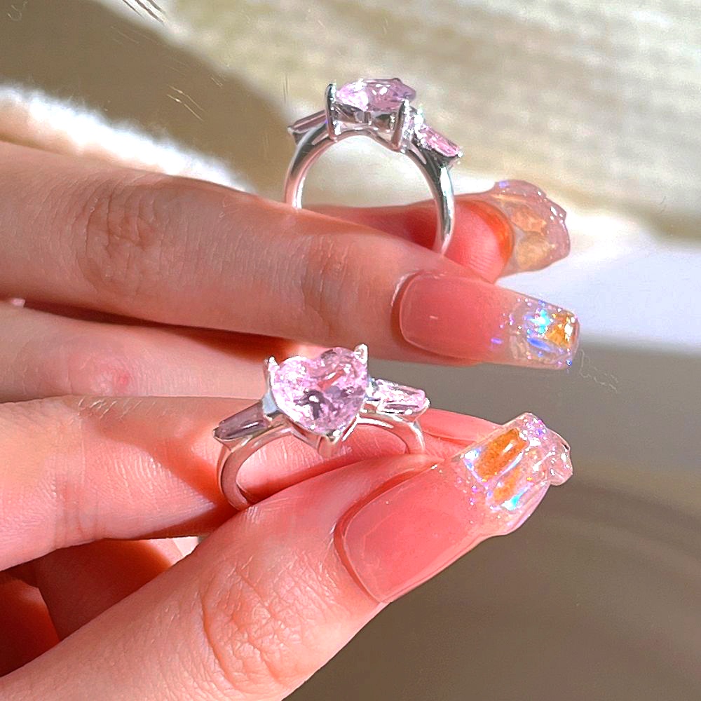 Ay(cn) Cincin Zirkon Pink Manis Butterfly Bow Heart Crystal Adjustable Opening Rings Untuk Aksesoris Perhiasan Wanita