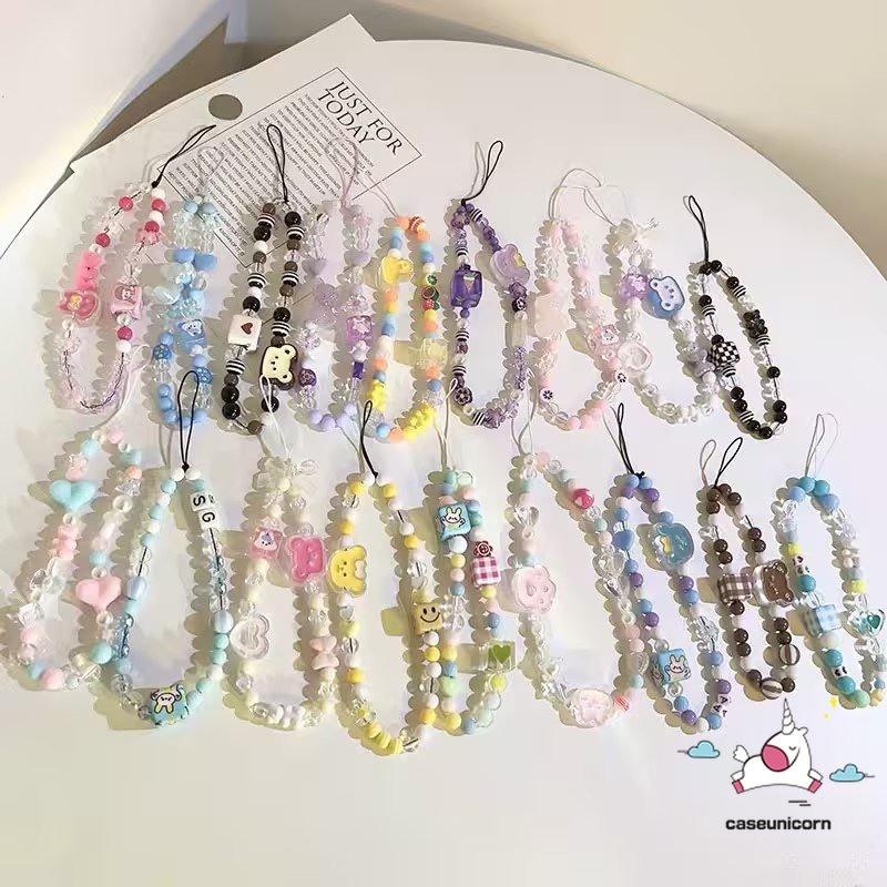 Ins Fashion Lucu Kartun Tali Tangan Universal Rantai Kelinci Beruang Smile Rantai Telepon Tali Strap Aksesoris Beragam Rantai Manik-Manik Gelang Kotak-Kotak Gantungan Kunci Lanyard