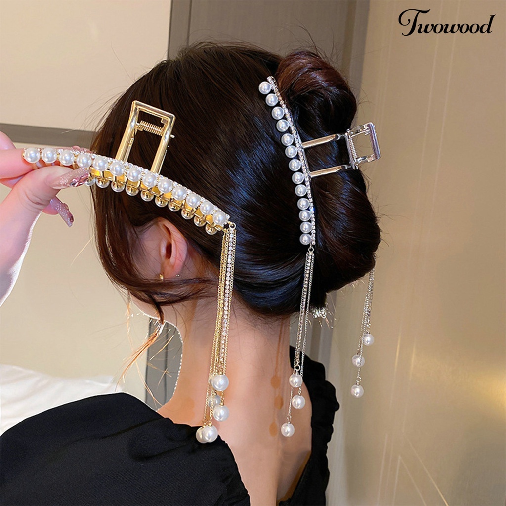 Twowood Hair Claw Clip Desain Mutiara Imitasi Berkilau Mempesona Efek Visual Non-Slip Dengan Rumbai Dress-up Semua Cocok Berlian Imitasi Penjepit Rambut Wanita Hiasan Kepala Dekorasi Untuk Wanita