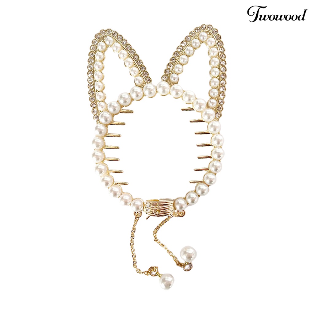 Twowood Shiny Rhinestones Faux Pearls Decor Ponytail Buckle Anti-slip Gigi Gadis Telinga Kucing Dekorasi Rumbai Liontin Rambut Penjepit Aksesoris Rambut