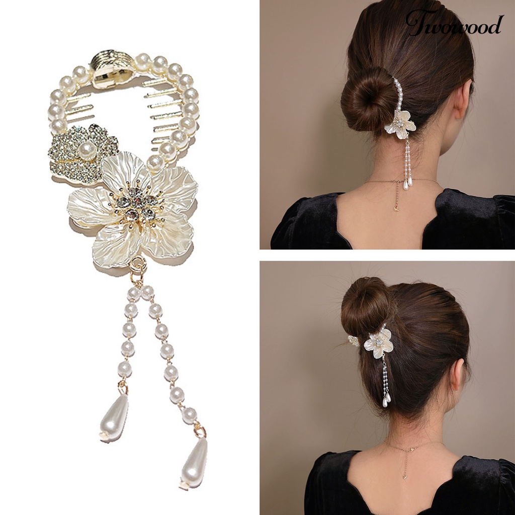 Twowood Ponytail Hair Clip Green Leaf Flower Jumbai Mutiara Imitasi Elegan Gaya Cina Aksesoris Rambut Berlian Imitasi Bertatahkan Wanita Hair Bun Claw Clip Pakaian Sehari-Hari