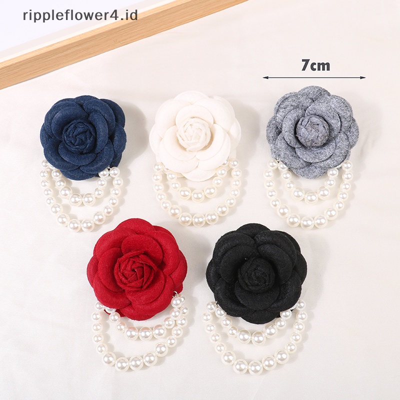 {rippleflower4.id} Kain Korea Camellia Bunga Bros Pin Mutiara Rumbai Korsase Fashion Perhiasan Bros Untuk Wanita Kemeja Kerah Aksesoris Kain Korsase Pin Hadiah~