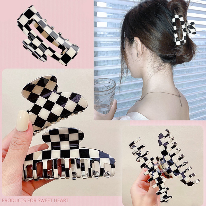 Checkerboard Grab Hair Clip Aksesoris Rambut Untuk Wanita Warna Akrilik Kotak-Kotak Jepit Rambut Hiu Klip Gadis Aksesoris Kepala Hair Claw