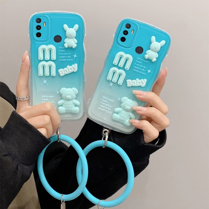 Andyh OPPO A32 A33 A53 2020 A53S A11S 2021case 3D Cute Bear+ Gelang Warna Solid Fashion Premium Gradient Soft Phone Case Silikon Shockproof Casing Pelindung Penutup Belakang