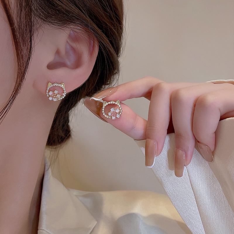 Pink Cherry Blossom Kucing Lucu Manis Fashion Bunga Mutiara Kecil Indah Anting-Anting