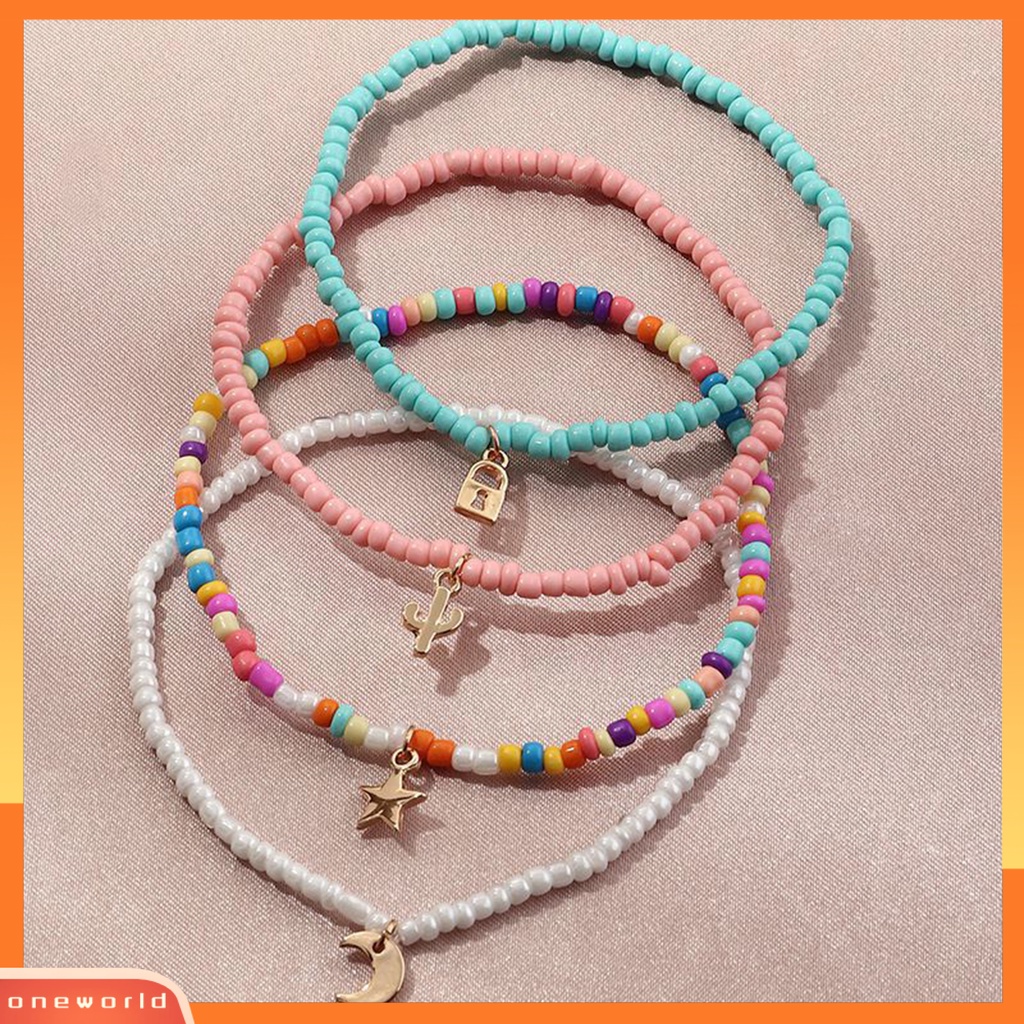 [WOD] 4 Pcs Rantai Kaki Warna Vibrant Indah Liontin Eye-catching Warna-Warni Wanita Manik-Manik Elastis Gelang Kaki Perhiasan Hadiah Ulang Tahun