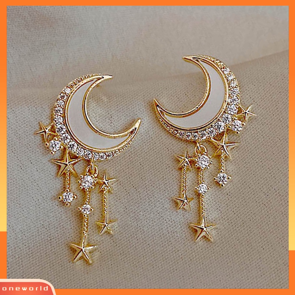 [WOD] 1pasang Anting Wanita Menjuntai Bulan Bintang Rumbai Perhiasan Berlian Imitasi Mengkilap Anting Stud Untuk Pernikahan