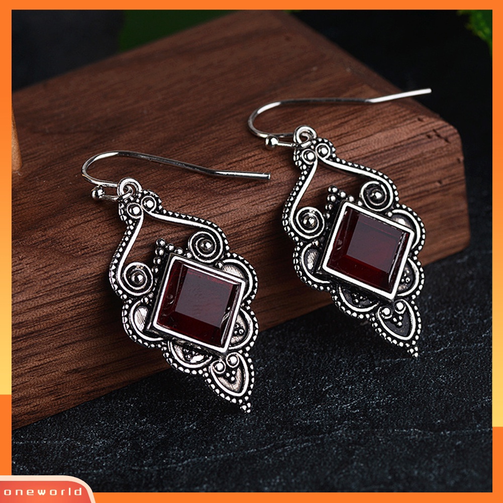 [WOD] Vintage Wanita Faux Ruby Hias Geometris Menjuntai Drop Hook Anting Perhiasan Hadiah