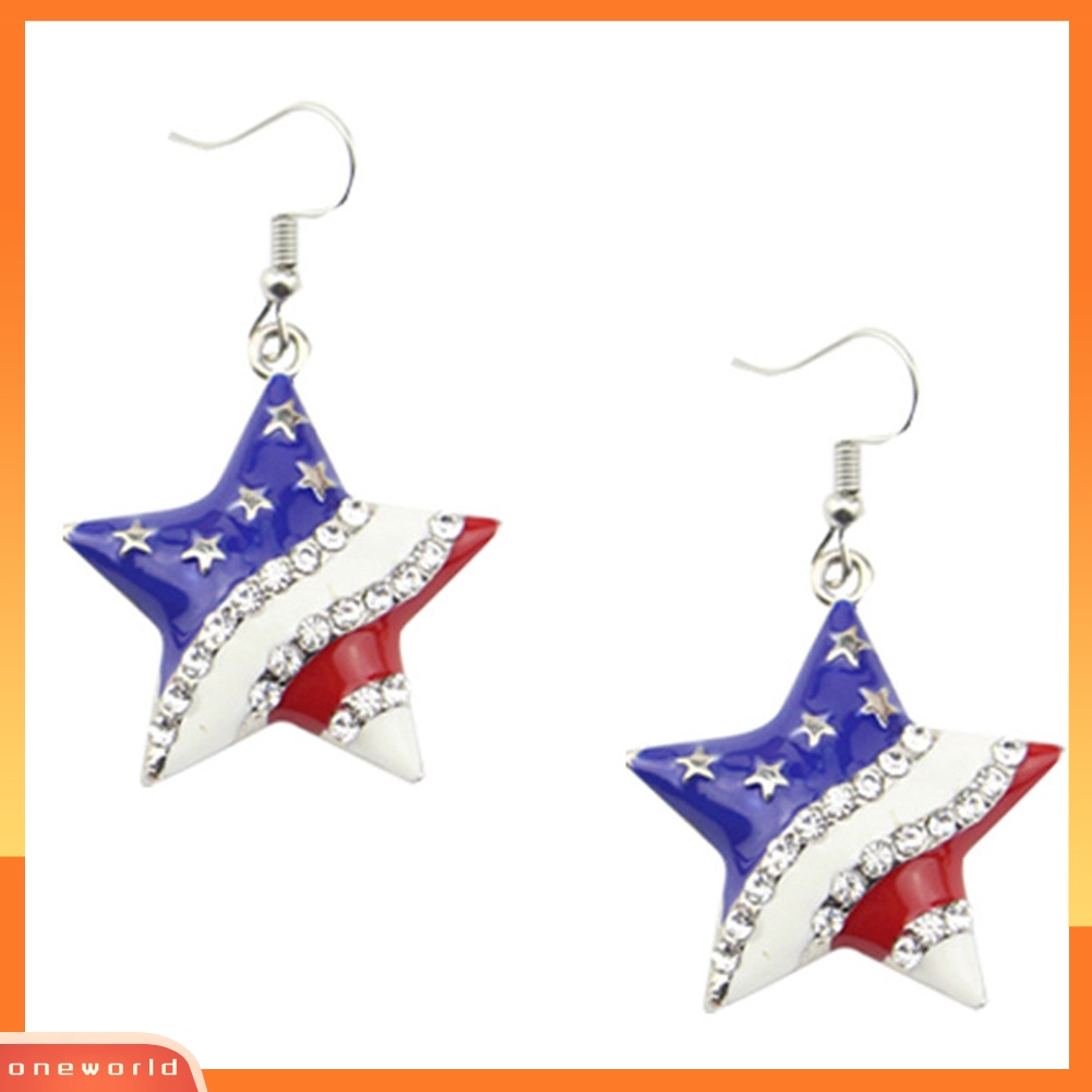 [WOD] Chic Bendera Amerika Hati Bintang Berbentuk Berlian Imitasi Ear Hook Anting Wanita Perhiasan