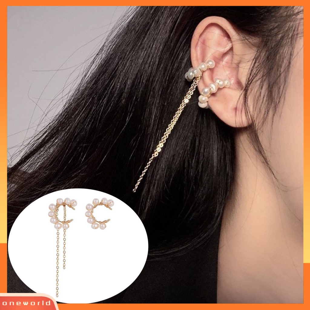 [WOD] 1pasang Indah C-shaped Asymmetric Faux Pearl Earring Ear Cuff Perhiasan Aksesori