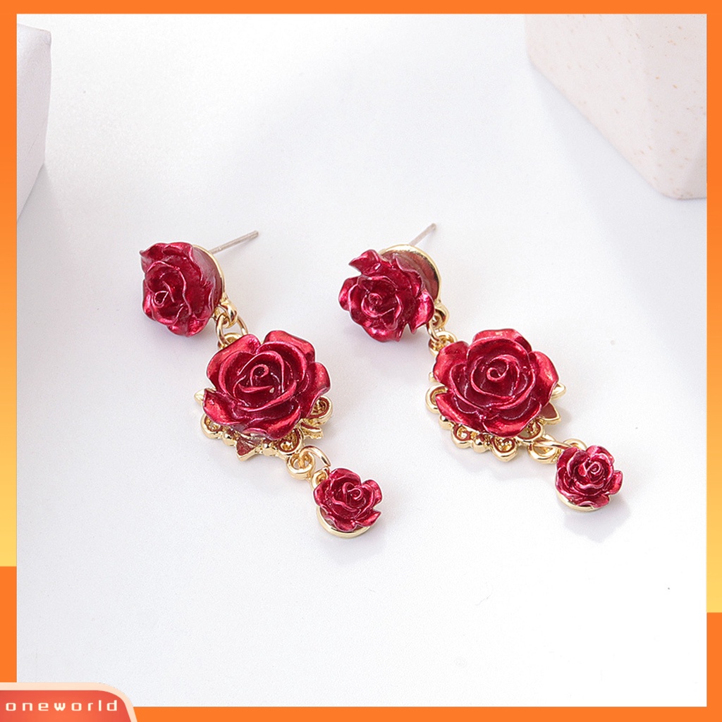 [WOD] 1pasang Retro Ear Stud Berlian Imitasi Alloy Desain Mawar Drop Earrings Aksesoris Telinga