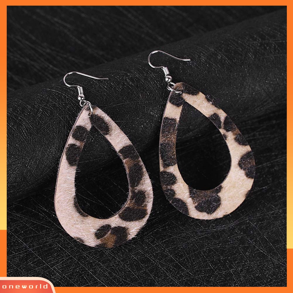 [WOD] Wanita Berongga Leopard Dot Print Kulit Imitasi Teardrop Kait Anting Perhiasan Hadiah